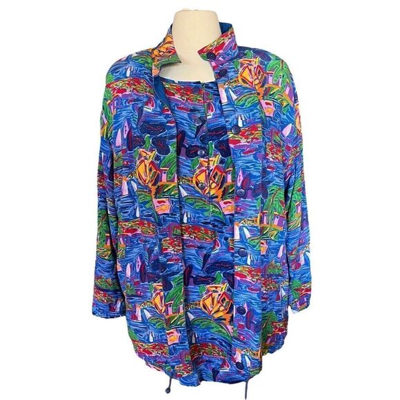 Vtg Ken Done Art to Wear Boating Button Down Long Sleeve Shirt 2 Piece Size M - Picture 1 of 13